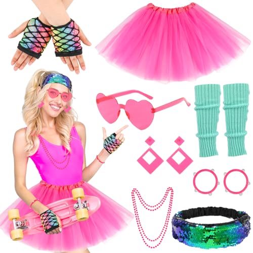 Hifot 80er Jahre Outfit Damen,Neon Tutu Stirnband Ohrring Halskette Armband Netzhandschuhe 80er Jahre Accessoires für Neon Thema Party 80er 90er Karneval Faschingskostüme von Hifot