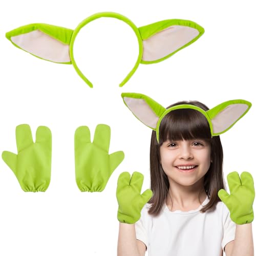 Hifot Alien Haarreif Kinder Damen Plüsch Alien Stirnband Grün mit Großen Ohren Grüne Handschuhe Alien Kostüm Accessoires Halloween Haarreif Mädchen Fasching Karneval Erwachsene Cosplay Accessoires von Hifot