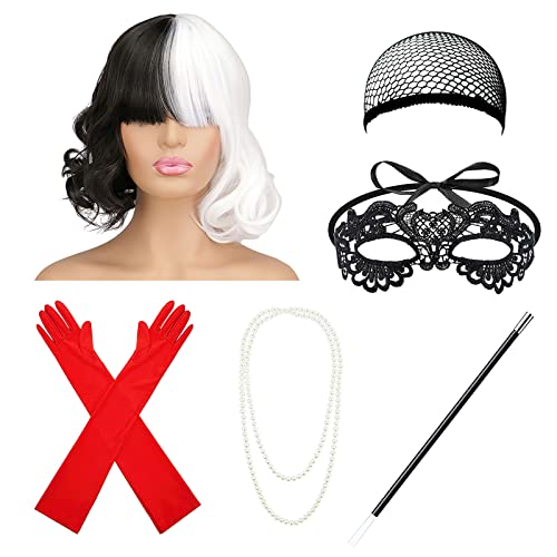 Hifot Cruella Kostüm Set Damen, Frauen Schwarz und Weiß Perücke Handschuhe Spitze Maske Halskette Accessoires für Halloween Fasching Cosplay Maskerade von Hifot