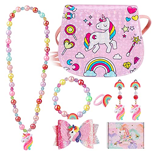 Hifot Einhorn Kleine Handtaschen Mädchen Kinderschmuck Glitzer Ringe Armbänder Halsketten Haarspangen Clip Ohrringe Schmucksets für Kinder, Umhängetasche Taschen Partyzubehör Geschenk von Hifot