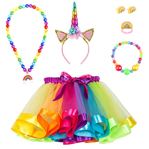 Hifot Einhorn Kostüm Mädchen mit Einhorn Haarreif Halskette Armband Ohrringe Ring schmuck Set，Tüllrock Kinder Prinzessin Kleid Mädchen für Halloween Karneval Cosplay Geburtstag Party Fasching von Hifot