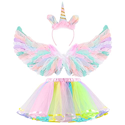 Hifot Einhorn Kostüm Mädchen mit Tüllrock Kinder Flügel Einhorn Haarreif Prinzessin Kleid Mädchen für Halloween Karneval Cosplay Geburtstag Party Fasching von Hifot