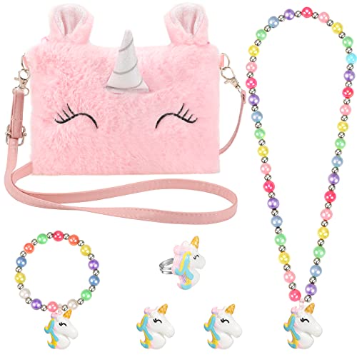 Hifot Einhorn Plüsch Handtaschen Mädchen mit Schmuckset, Geldbörsen mit Halskette Armbänder Ringe Ohrringe Prinzessin Schmuckset für Kinder Mädchen Schmuck Anzieh Rollenspiel Geburtstag Geschenk von Hifot