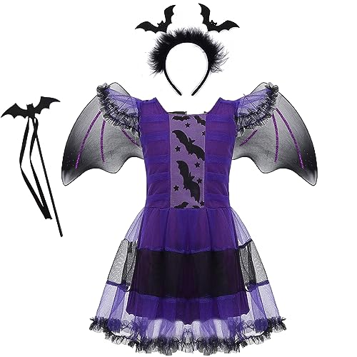 Hifot Fledermaus Kostüm Mädchen Kleid Fledermausflügel Fledermaus Haarreif,Halloween Kostüm Kinder Fledermaus Karneval Fasching Cosplay Party von Hifot