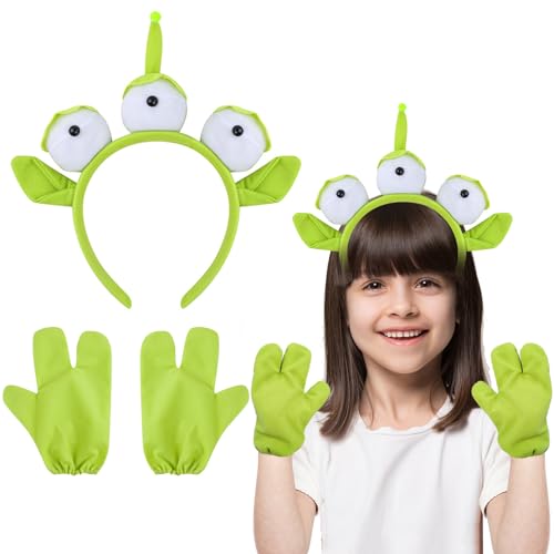 Hifot Grün Alien Haarreif Kinder Damen Plüsch Dreiäugiges Stirnband mit Grüne Handschuhe Alien Kostüm Accessoires Halloween Haarreif Mädchen Fasching Karneval Erwachsene Cosplay Accessoires von Hifot