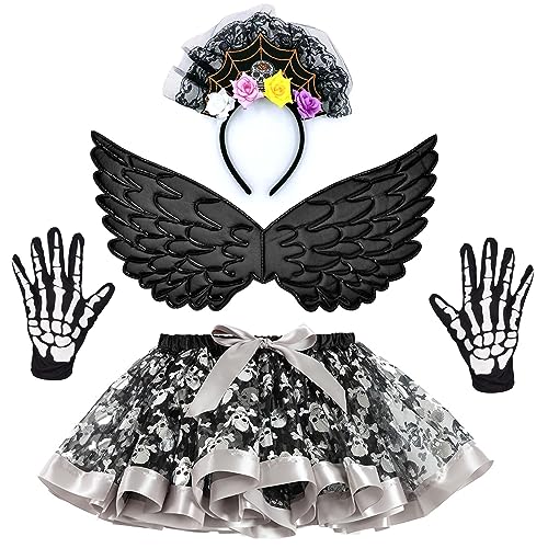 Hifot Halloween Braut Kostüm Kinder,Engelsflügel Schwarz Tüll Rock Skelett Handschuhe Blumenkrone Stirnband Zombie Kostüm Mädchen Halloween Kostüm Kinder von Hifot