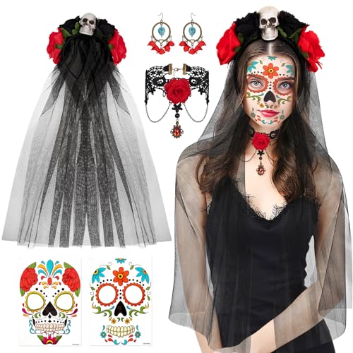 Hifot Halloween Kostüm Damen Dia De Los Muertos Haarreif Schleier Tag Der Toten Haarreif Tag der Toten Haarschmuck Gesicht Tattoos Gotisch Choker Skelett Ohrringe Halloween Gesicht Tattoos von Hifot