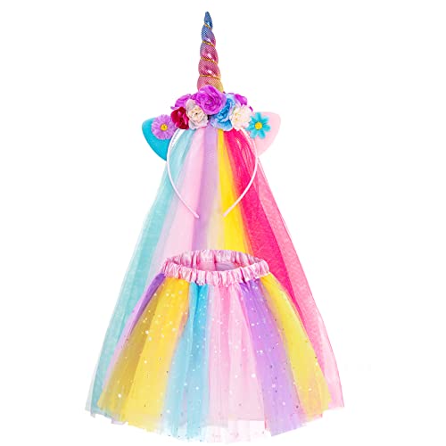 Hifot Kostüm Einhorn Mädchen 2 Stück,Regenbogen Tutu Rock Einhorn Haarreifen Kostüm Prinzessin Kinder,Einhorn Geschenke für Mädchen Faschingskostüme Karneval von Hifot