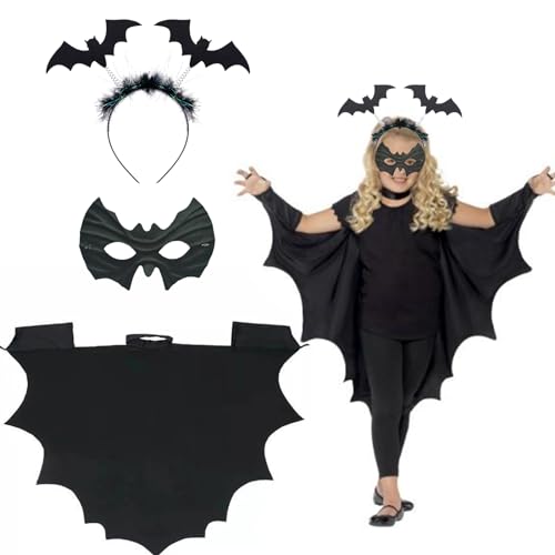 Hifot Kostüm Fledermaus Kinder Fledermaus Umhang Fledermaus Haarreif Maske,Halloween Kostüm Kinder Fledermaus Vampir Umhang Karneval Fasching Cosplay Party von Hifot