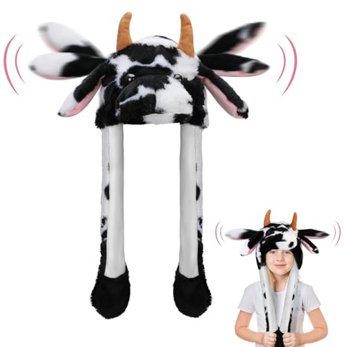 Hifot Kuh Mütze mit Beweglichen Ohren, Plüsch Kuh Mütze mit Wackelohren, Lustige Hüte Warm Kuh Hut mit Ohren Kuh Mütze mit Ohren für Mädchen Damen Halloween Geburtstag Cosplay Geschenk von Hifot