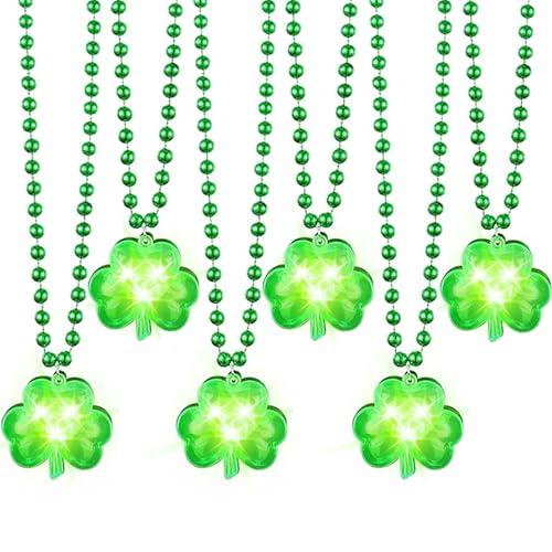 Hifot LED Halskette Kleeblatt St Patricks Day Accessoires Light Up Halskette Perlen Grün Kleeblatt Kostüm Zubehör Blinkenden Licht-Modi Kinder Damen 6 Stück von Hifot