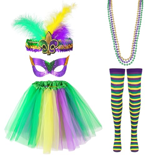 Hifot Mardi Gras Kostüm Zubehör Set Damen Tüllrock Mardi Gras Ketten Masken Haarband Faschingskostüme Karneval Kostüm Damen von Hifot