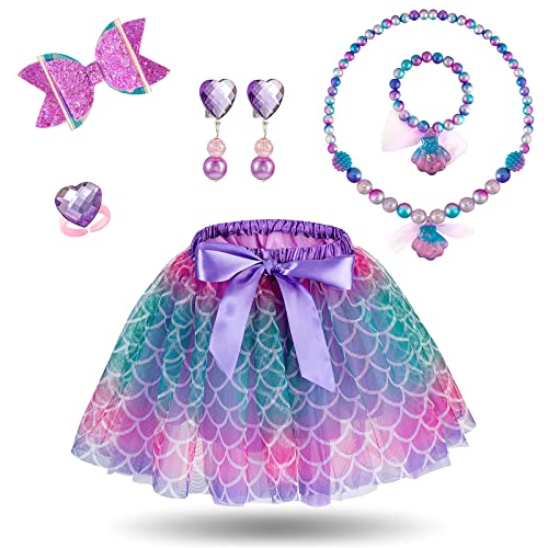 Hifot Meerjungfrau Kostüm Mädchen mit Haarreif halskette armband ohrringe ring schmuck Set,Tüllrock Kinder Prinzessin Kleid Mädchen für Halloween Karneval Cosplay Geburtstag Party Verkleidung Kinder von Hifot