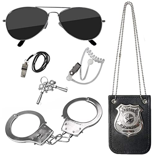 Hifot Polizei Kostüm Kinder, Polizist Handschellen Sonnenbrille Abzeichen Detective Cop Swat Rollenspiel Zubehör Halloween Party Kostüm Dress up von Hifot