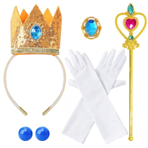 Hifot Prinzessin Kostüme Zubehör Set für Mädchen, Peach Prinzessin Cosplay Zubehör Krone Stab Handschuhe Brosche Ohrringe Geschenk-Sets für kleine Mädchen Halloween Party Cosplay Set von Hifot