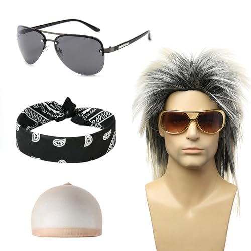 Hifot Punk Vokuhila Perücke Herren Damen 80er Jahre Outfit, Bandanas Schwarz Sonnenbrille, Rocker Perücke Graue 70er 90er Hip Hop Disco Kostüm Accessoires für Cosplay Party Karneval Halloween von Hifot