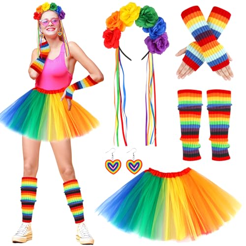 Hifot Regenbogen Tüllrock Damen mit Bunt Stirnband Kniestrümpfe Handschuhe Ohrringen LGBTQ Gay Pride Outfit Partybrille Tanzkleid Party Prom Faschings Kostüme von Hifot