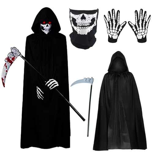 Hifot Sensenmann Kostüm Schwarzer Umhang mit Kapuze Schädelmaske Handschuhen Sense Ghostface Scream Kostüm,Halloween Kostüm Erwachsene Kinder für Halloween Cosplay Party - 140CM von Hifot