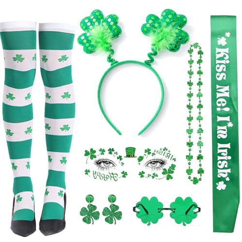 Hifot St Patricks Day Kostüm Irischer Kostüm Kleeblatt Haarreif Damen Brille Kleeblatt Halsketten Ohrringe Socke Schulterriemen Temporäre Tattoos St Patricks Day Accessoires Glücksbringer Karneval von Hifot