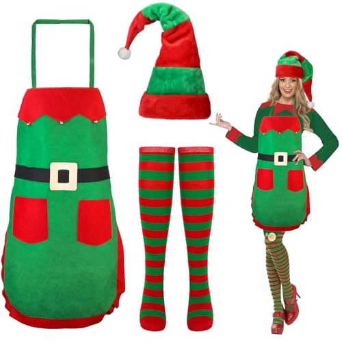 Hifot Weihnachtself Kostüm Damen,Elfen Kostüm Wichtelmütze Schürze Weihnachten Strümpfe Weihnachten Kostüm Erwachsene Cosplay Fasching Kostümparty von Hifot