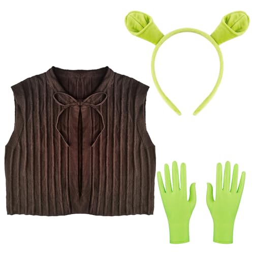 Monster Ohren Haarreif Damen Herren Braune Weste Grüne Kurze Handschuhe Monster Grün Oger Kostüm-Zubehör Haarschmuck Haarreif Fasching Karneval Erwachsene Kinder Cosplay Accessoires von Hifot