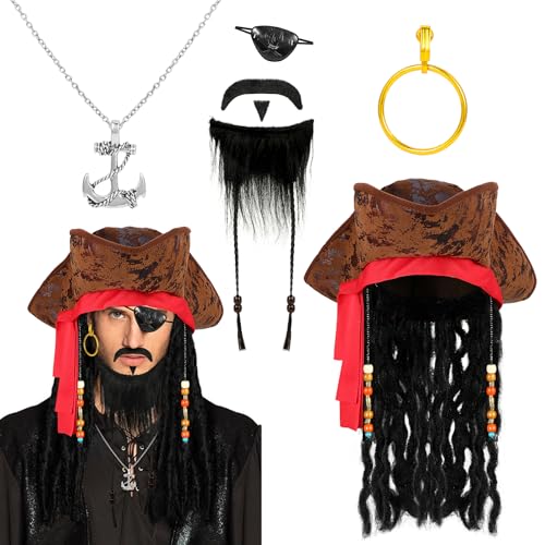 Piraten Accessoires Herren Damen Piratenhut mit Piraten Perücke Augenklappe Pirat Schmuck Fake Bart Piraten Kostüm Zubehör Erwachsene für Halloween Fasching Karneval Kostüm Accessoire von Hifot