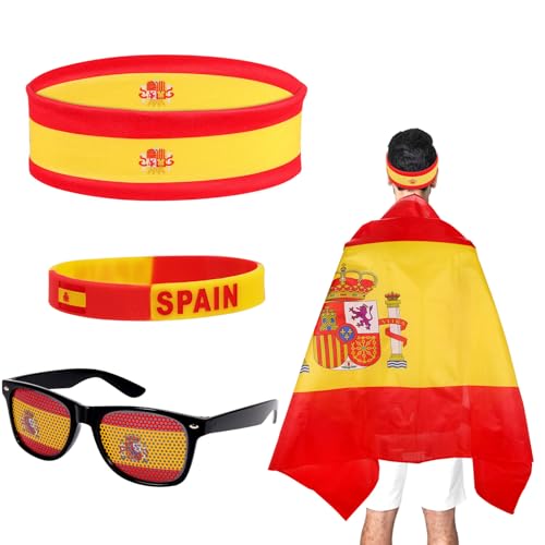 Spanien Fahne Umhängen Kostüm Set, Spanien Haarreifen Haarreif Armband Spassbrille Spanien Brille für Männer Frauen Halloween Karneval Cosplay WM Zelebrieren von Hifot