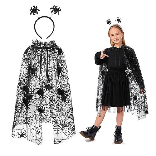 Spinne Halloween Kostüme Kinder 2 Stück, Schwarzer Tüll Spinnennetz Umhang und Spinnen Haarreif für Kinder Mädchen, Spinnen Kostüm Halloween Zubehör für Halloween Cosplay Party Karneval Verkleidung von Hifot