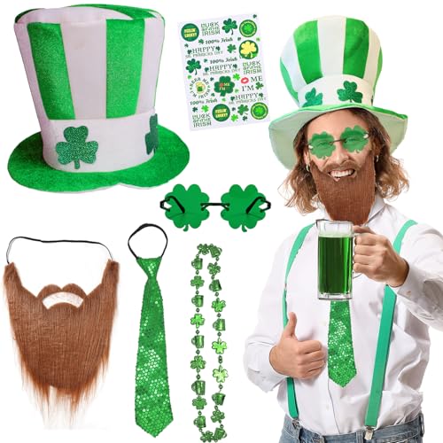 St Patricks Day Kostüm Irischer Kobold Kostüm Kleeblatt Hut mit Bart Krawatte Brille Shamrock Halsketten Temporäre Tattoos St Patricks Day Accessoires Glücksbringer, Karneval, Mottoparty von Hifot