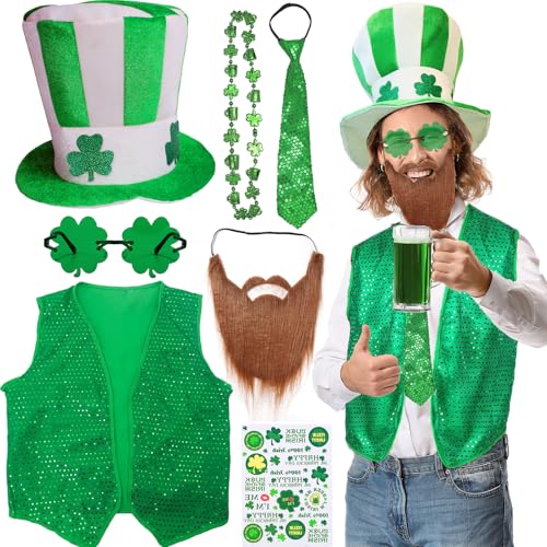 St Patricks Day Kostüm Irischer Kobold Kostüm Kleeblatt Hut mit Bart Weste Krawatte Brille Shamrock Halsketten Temporäre Tattoos St Patricks Day Accessoires Glücksbringer, Karneval, Mottoparty von Hifot