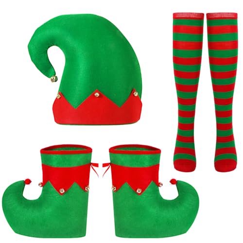 Weihnachtself Kostüm Herren Damen,Elfen Kostüm Wichtelmütze Elfenschuhe Strümpfe Weihnachten Kostüm Erwachsene Cosplay Fasching Party Verkleidung von Hifot