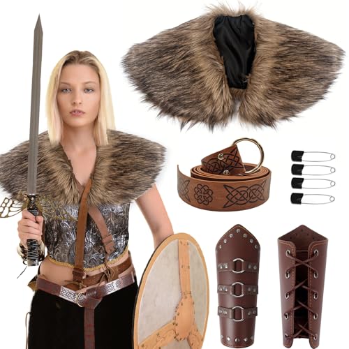 Wikinger Kostüm Herren Damen Kunstfell Kragen Mittelalter Accessoires Gürtel PU-Leder Armschienen Schal Capelet Wrap für Renaissance Knight Rider Deko Piraten 3 Stück von Hifot