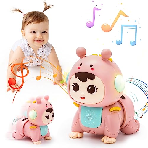 Highttoy Baby Spielzeug 3 6 9 Monate, Krabbelnde Baby Spielzeug mit Licht und Musik Bauchlage Spielzeug Baby Sensorisches Musikspielzeug Tummy Time Toys Baby Mädchen Geschenk Rosa von Highttoy