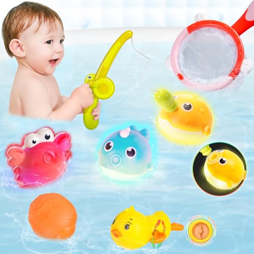 Highttoy Badespielzeug Baby ab 1 Jahr, 7 STK Magnetisches Angelspiel Set mit 3 Leuchtend Angel Badewannenspielzeug/Aufziehbares Schwimmende Ente/Fischernetz/Angelrute/Spritzball Wasserspielzeug von Highttoy