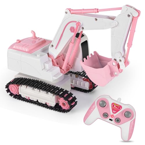 Highttoy Ferngesteuerter Bagger Mädchen, 6 Kanal RC Bagger für Kinder Bagger Traktor Spielzeug ab 3 4 5 6 7 8 Jahre Mädchen Geschenk 2.4GHz 1:24 Bagger Ferngesteuert mit Lichtern und Ton, Rosa von Highttoy