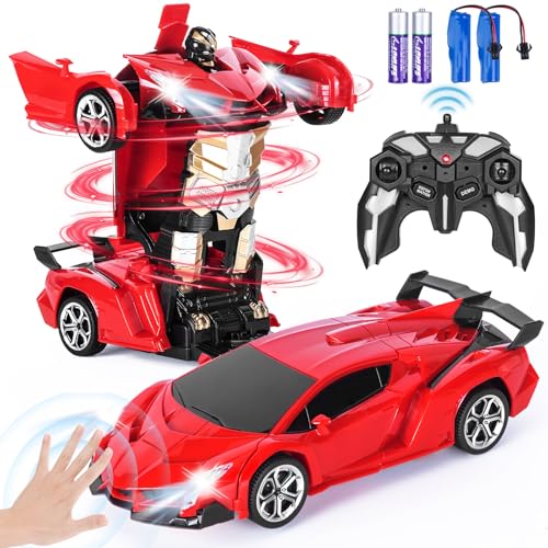 Highttoy Ferngesteuertes Auto, Verwandelbares Roboter Auto mit Gestenerfassung, Licht und Musik Auto Roboter Spielzeug ab 3 4 5 6 7 8 Jahre 2.4GHz 360° Drehung 1:18 RC Auto Roboter Kinder Mädchen Rot von Highttoy