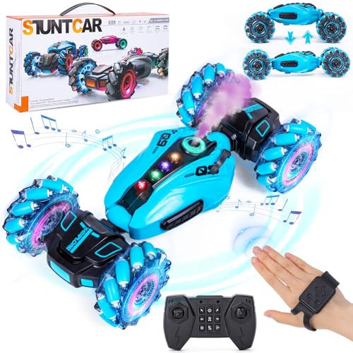 Highttoy Ferngesteuertes Auto Kinder, 4WD Handgesteuertes Twist Auto mit Sprühen, Musik und Lichter 2.4GHz 360° Drehung Stunt Drift RC Auto Spielzeug ab 6 7 8 9 10 Jahre Jungen Geschenke, Blau von Highttoy