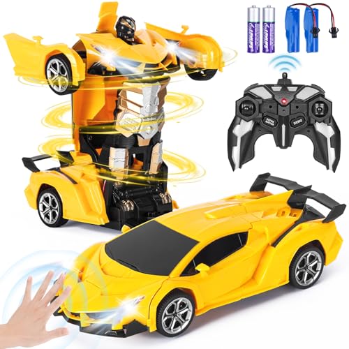 Highttoy Ferngesteuertes Auto Kinder, Transformator RC Auto mit Gestenerfassung, Licht und Ton Transformator Spielzeug ab 3 Jahre Jungen Mädchen 2.4GHz 360° Drehung 1:18 Verformung Roboter Auto Gelb von Highttoy