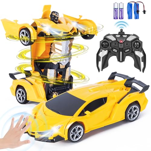 Highttoy Ferngesteuertes Auto Kinder, Transformator RC Auto mit Gestenerfassung, Licht und Ton Transformator Spielzeug ab 3 Jahre Jungen Mädchen 2.4GHz 360° Drehung 1:18 Verformung Roboter Auto Gelb von Highttoy