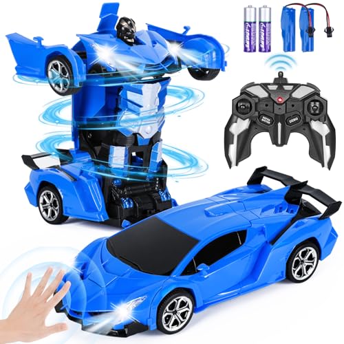 Highttoy Ferngesteuertes Auto Kinder, Verformung Roboter Auto Spielzeug mit Gestenerfassung, Licht und Ton Transformator Spielzeug ab 3 Jahre Jungen 360° Drehung 2.4GHz 1:18 Roboter RC Auto Blau von Highttoy