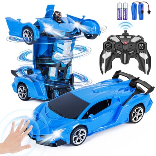 Highttoy Ferngesteuertes Auto Kinder, Verformung Roboter Auto Spielzeug mit Gestenerfassung, Licht und Ton Transformator Spielzeug ab 3 Jahre Jungen 360° Drehung 2.4GHz 1:18 Roboter RC Auto Blau von Highttoy