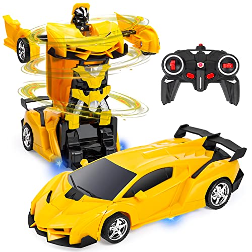 Highttoy Ferngesteuertes Robot Auto für Kinder, Transformator Spielzeug für 3-12 Jahre Jungs Mädchen Geschenk 360° Drehung Roboter Spielzeug 2.4GHz 1:18 Verformung Roboter RC Auto Gelb von Highttoy