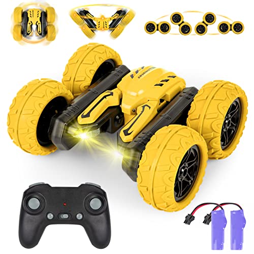 Highttoy Ferngesteuertes Auto Kinder, 4WD 360° Flip Doppelseitig RC Stunt Auto Spielzeug ab 3 4 5 6 7 8 9 10 Jahre Jungen Mädchen Geschenk 2.4GHz Offroad RC Auto mit 2 Akkus Musik Licht, Gelb von Highttoy