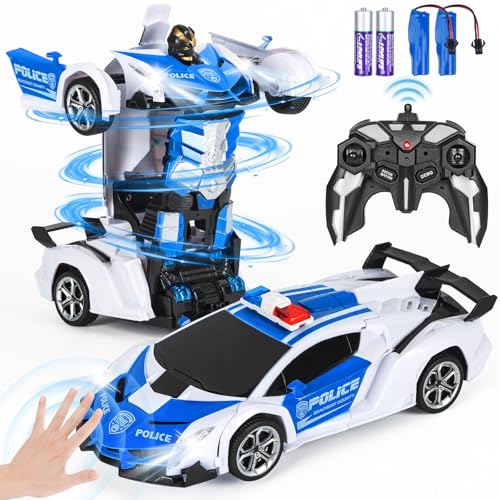 Highttoy Ferngesteuertes Roboter Auto für Kinder, Verformung RC Polizeiauto mit Gestenerfassung, Licht und Ton 360° Drehung 2.4GHz 1:18 Transformator Spielzeug ab 3 Jahre Jungs Mädchen Geschenke Weiß von Highttoy