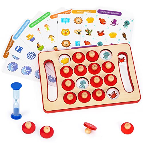 Highttoy Spiele ab 3 Jahren, Memory Spiel Holzspielzeug für Kinder Spielzeug ab 3 Jahre Mädchen Jungen Geschenk Memory Schach Lernspiele mit 12 Lustigen Mustern und 1 Minute Sanduhr Motorikspielzeug von Highttoy