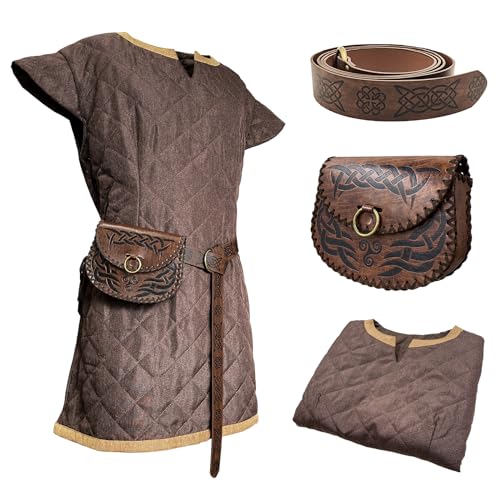 HiiFeuer Mittelalter Kostüm Tunic, mit Vintage-Gürtel und Tasche, Söldner Ritter Kleidung Rüstung, Renaissance LARP Cosplay Set für Larp Ren Faire und Halloween (Braun 2XL) von HiiFeuer