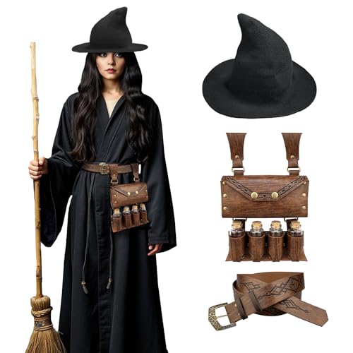 HiiFeuer Mittelalterliches Alchemie-Set aus Kunstleder, Hexen-Zipfelmütze für Frauen, Fantasy Zauberer Gürtel mit Zaubertrank Fläschchen Gürteltasche (Braun A) von HiiFeuer