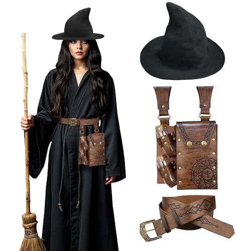 HiiFeuer Mittelalterliches Alchemie-Set aus Kunstleder, Hexen-Zipfelmütze für Frauen, Fantasy Zauberer Gürtel mit Zaubertrank Fläschchen Gürteltasche (Braun B) von HiiFeuer