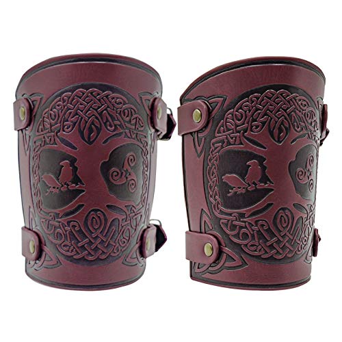 HiiFeuer Viking Yggdrasil World Tree Geprägte PU-Leder Armschienen, Mittelalterliche Schnalle Armschützer für LARP Halloween (Burgundy Wine) von HiiFeuer