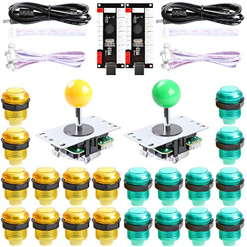 Hikig DIY Arcade Kit für 2 Spieler, Zero Delay USB Encoder für 8 Wege Joystick und LED Arcade Taster für Raspberry Pi, PC und Mame Videospiele (Farbe: Grün & Gelb) von Hikig